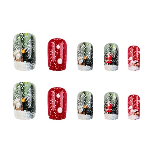 Christmas Press on Nails French Tip Short Square False Nails Winter Art