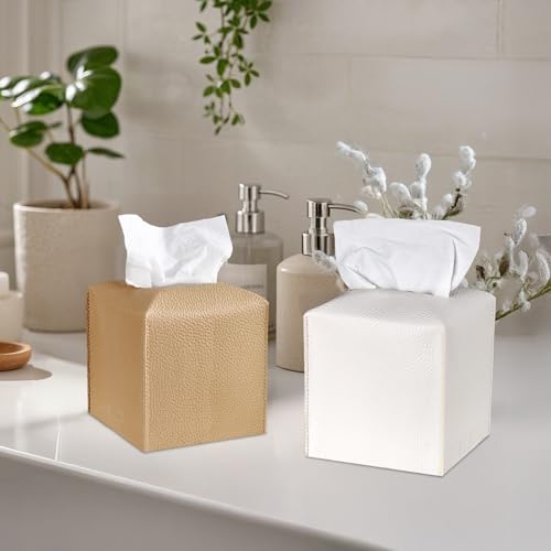 LIVESO PU Leather Tissue Box Cover - 2 Pack Beige & White