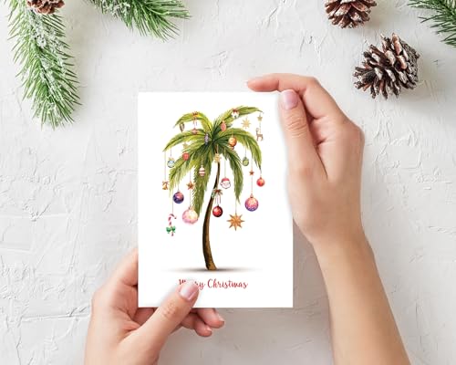 Festive Palm Tree Christmas Cards - 12 Count Holiday Greeting Cards with Envelopes