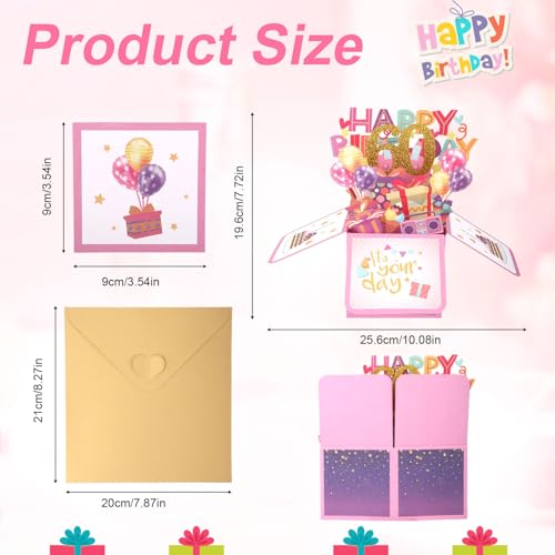 Gosknor 60th Birthday Pop Up Card - 3D Multicolored Boxed Card with Envelope
