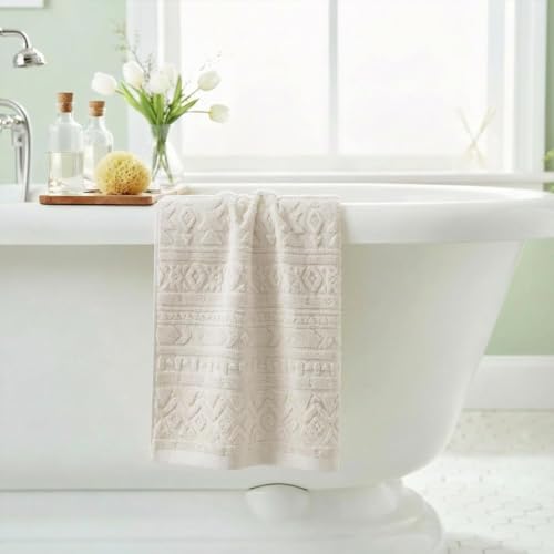Artoid Mode 3D Geometric Jacquard Hand Towel, 100% Cotton, Beige, 13.7x29.5"