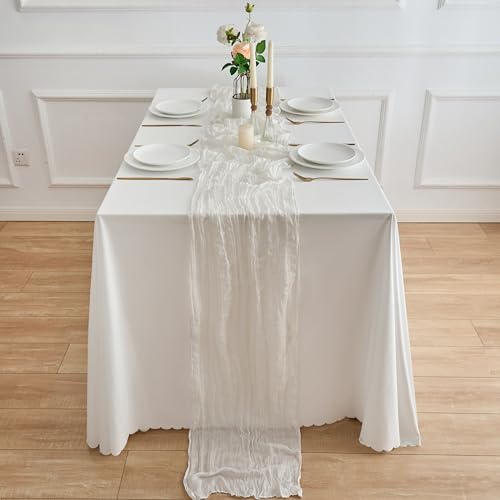 KingCheer 2Pcs Cheesecloth Table Runner 10FT Boho Rustic Gauze White
