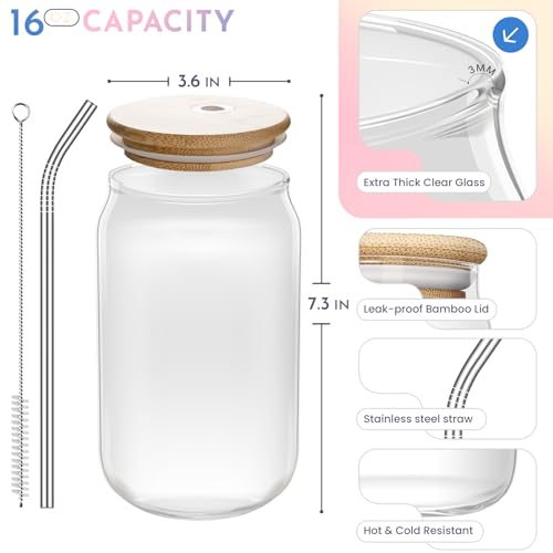Book Flower Glass Cup 16oz - Book Lovers Gift with Bamboo Lid & Straw