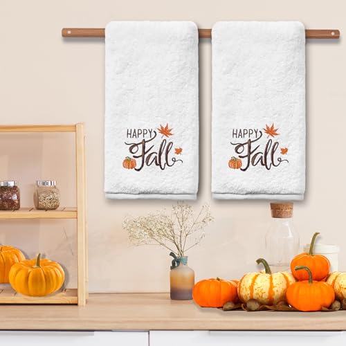 Fall Hand Towels Set of 2 - Pumpkin Embroidered Kitchen & Bath Towels, 14x30 Inches