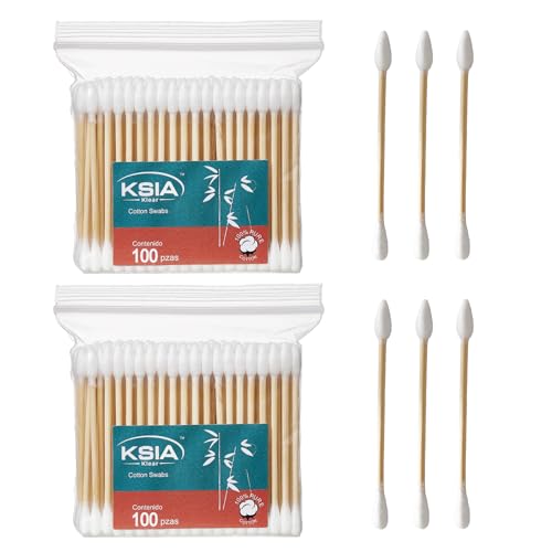 KSIA Dual-Tip Cotton Swabs with Bamboo Sticks 200 Count - Pointed and Round Buds for Makeup and Personal Care