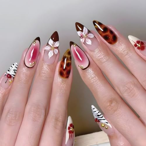 OSTTMA Flower Leopard Print Press on Nails Almond Medium French Fake Nails
