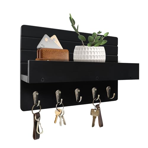 Black Wooden Key Holder Wall Mount with Shelf & 5 Hooks - KISENG