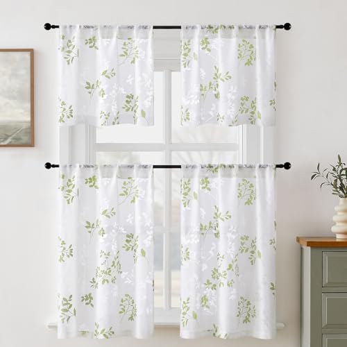 HOMEIDEAS Green Leaf Kitchen Curtains 30x24 Inch Semi Sheer 2 Panels