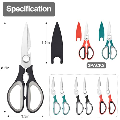 3-Pack Heavy Duty Stainless Steel Kitchen Scissors - All Purpose Cooking Shears for Meat, Vegetables & Seafood