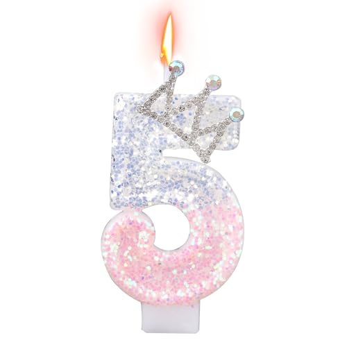 Pink & Silver Crown Birthday Number 5 Candle Decoration