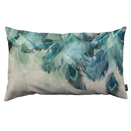 Peacock Feather Throw Pillow Cover, Watercolor Blue & Green, 12x20 Inch