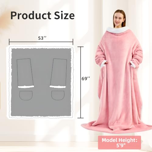 Pink Sherpa Wearable Blanket with Foot Pocket - Oversized Snuggle Robe, 53x69+12 inches