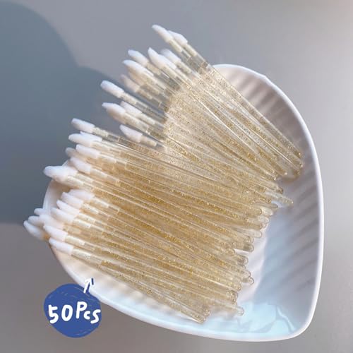 50PCS Disposable Crystal Lip Brushes - Gold Handle Makeup Applicator Wands