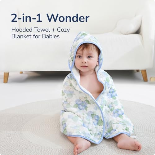 Baby Hooded Towel 2 Pack - Floral & Blueberry, Ultra Absorbent Muslin - 32x32 Inches