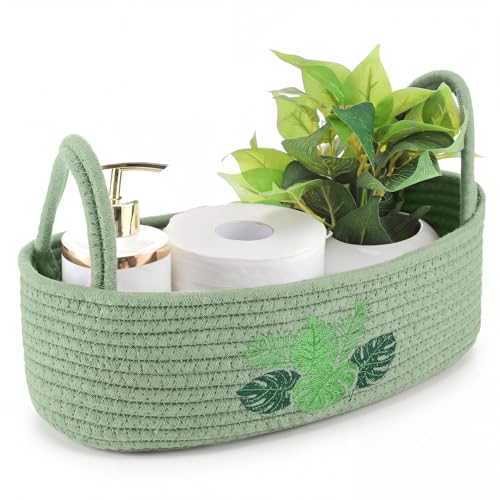 Vesici Grass Green Monstera Toilet Paper Basket - Boho Cotton Organizer