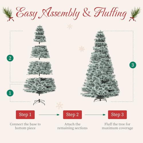 Full-Green & White 8ft 10in Pre-Lit Snow Flocked Artificial Christmas Tree with 700 Tips, Warm Incandescent Lights & Foldable Metal Base