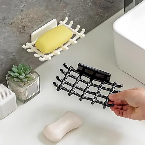 White Soap Holder with Hooks - No Drilling Adhesive Tray for Shower & Sink