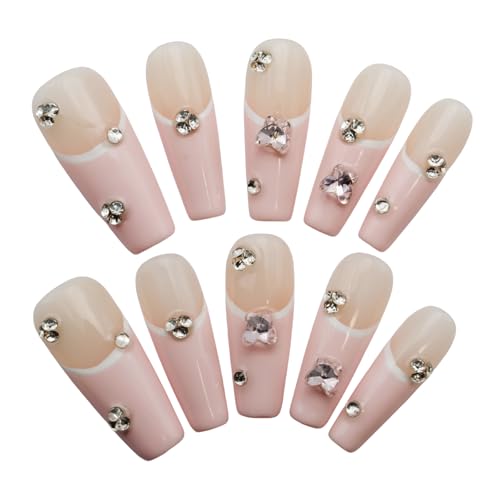 Pink French Tip Press on Nails Medium Coffin Fake Nails with Rhinestones