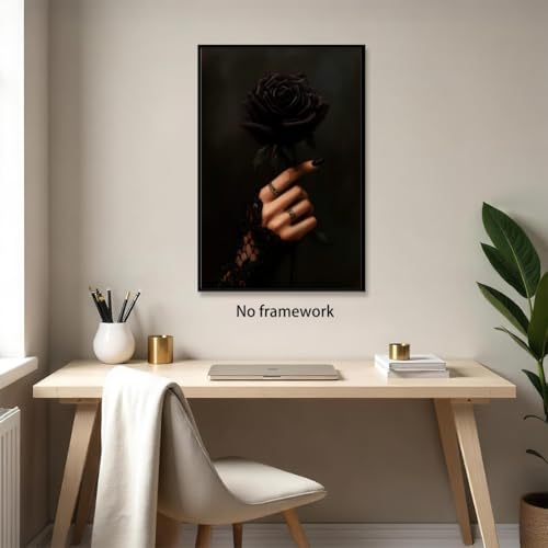 Gothic Black Rose Oil Painting Print - Dark Academia Wall Art 8x12