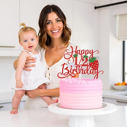 Sleyberoy Strawberry Red Glitter Cake Topper for 1/2 Birthday