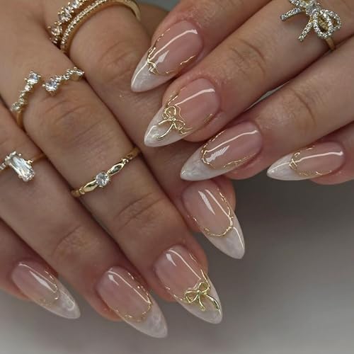 French Tip Press on Nails Medium Almond 3D Bow Fake Nails Kit