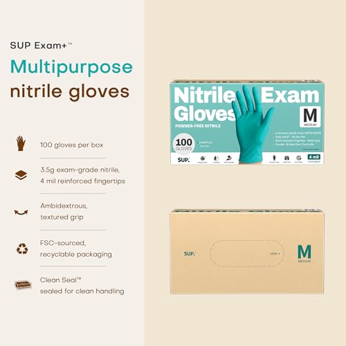 SUP Nitrile Exam Gloves - Powder-Free Disposable Gloves, Medium, Reef Teal