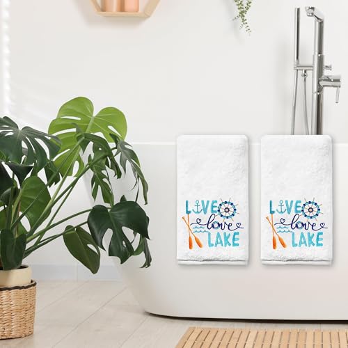 Embroidered Lake House Hand Towels Set of 2 - Soft Cotton, 14x30 Inches