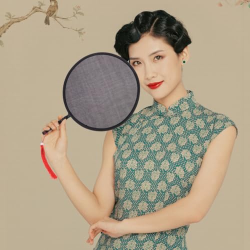 Vintage Handheld Round Folding Fan - Black Portable with Pouch