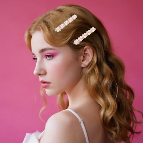 Pearl Hair Clips for Women Gold Metal Snap Barrettes 2-Pack