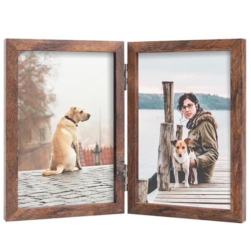 Rustic Wood Double Picture Frame 4x6 - Hinged Photo Display