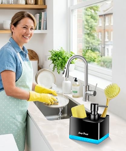 3-in-1 Dish Soap Dispenser with Sponge Holder - Black Kitchen Sink Caddy
