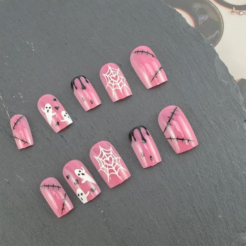 Sutaozhi 24Pcs Pink Halloween Ghost Press On Nails Medium Square False Nails