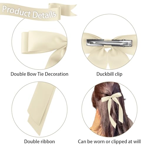 Silky Satin Bow Double Ribbon Hair Clips 2-Pack Beige Black