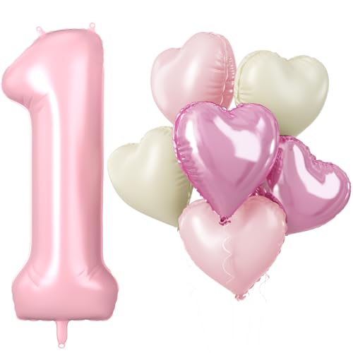 40-Inch Pink Number 1 Balloon Set with Heart Balloons for 1st Birthday