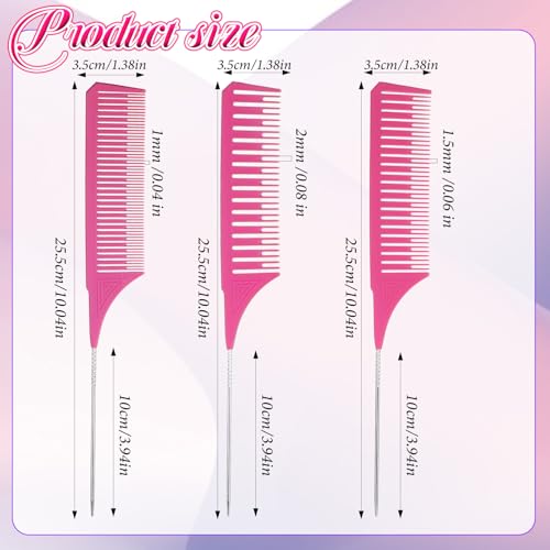 3PCS Professional Highlighting Combs with Stainless Steel Rat Tail - Pink Hair Dye Weaving Comb Set