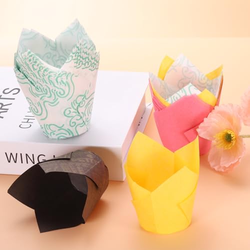 50 Pcs Tulip Baking Cups for Cupcakes Muffins - Brown, Greaseproof Paper Liners