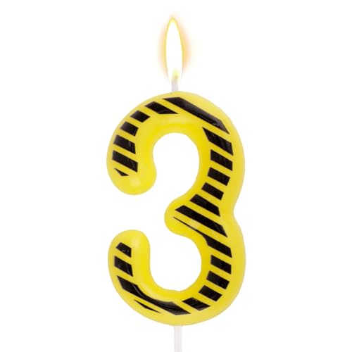 Construction Birthday Candle Number 3 - Black & Yellow Stripe Cake Topper
