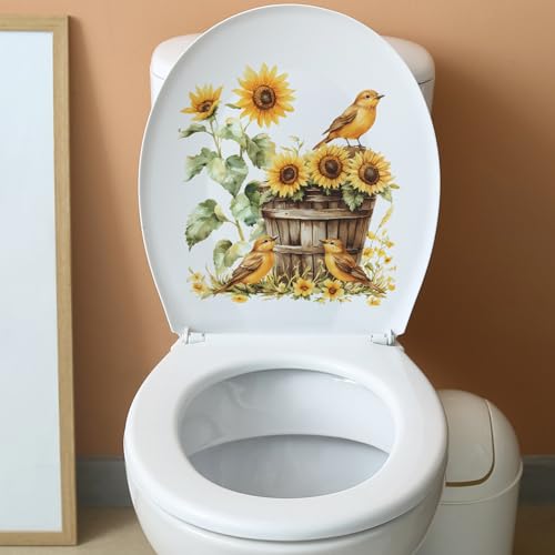 Sunflower and Bird Toilet Lid Sticker Decal - Waterproof Bathroom Decor