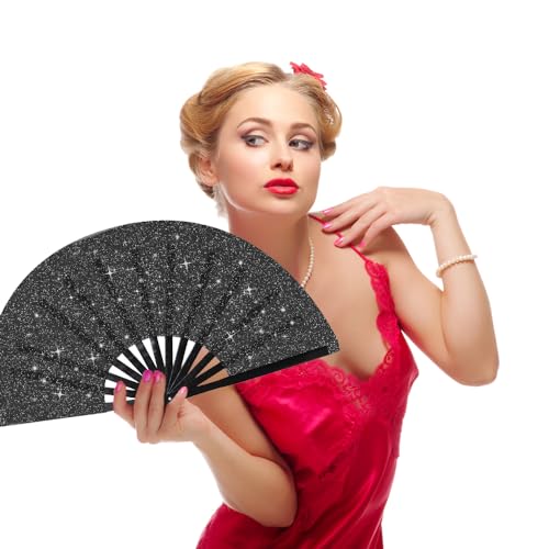Plzoslly Black Glitter Large Folding Hand Fan for Festivals & Parties