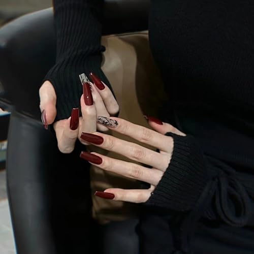 Burgundy Floral Press on Nails Long Square False Nails Kit with Black Leaf