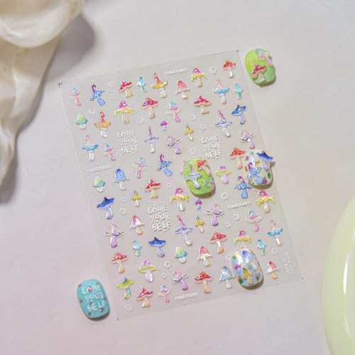 5D Embossed Mushroom Nail Art Stickers Colorful Summer Manicure Decals