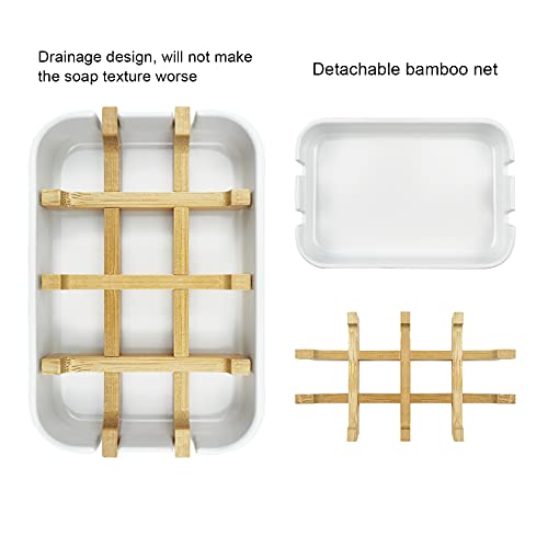 2 Pack Bamboo Soap Dish - Self-Draining Natural Wooden Bar Soap Holder (White)