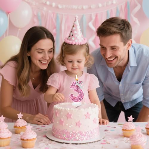 AndiluluBear Pink Number 3 Birthday Candle with Glitter Crown - Princess Cake Topper
