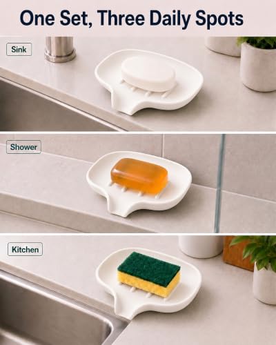 AIMAIAIMAI White Silicone 3-Pack Soap Dish with Drain Spout - Shower & Bathroom Use