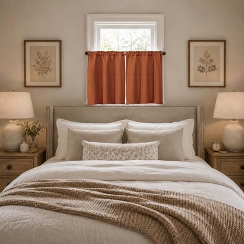 Orange Faux Linen Kitchen Curtains - 36 Inch Short Tier Pair