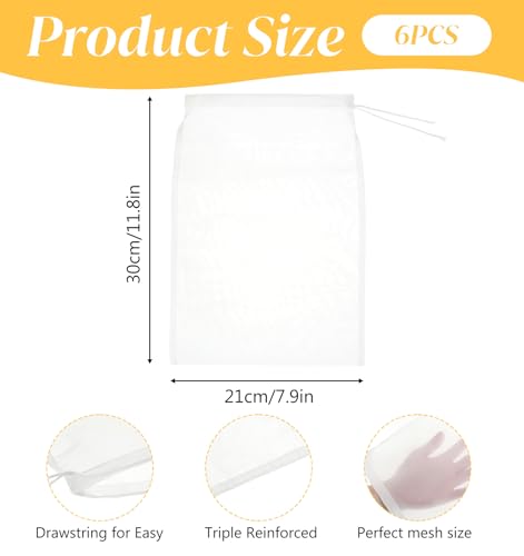 Reusable Nut Milk Bag Set - 6 Pack, 12x8 Inch Fine Mesh Strainer