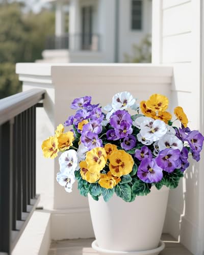Artificial Pansy Flowers - UV Resistant Silk Faux Bouquets (6 Bundles)