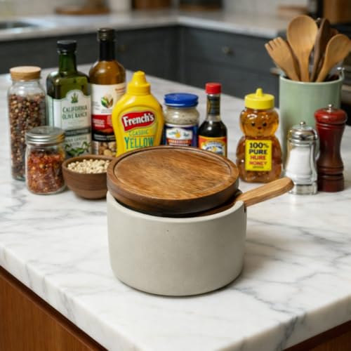 Handmade Ceramic Salt Cellar with Acacia Wood Lid & Spoon - 3.5"