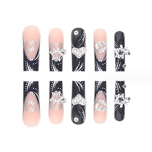 IKISKT Long Square Press on Nails Glossy Black & Pink Rhinestone 3D Fake Nails