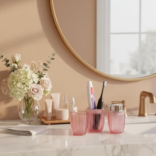 Tonxus 3-Piece Pink Glass Bathroom Accessory Set with Soap Dispenser